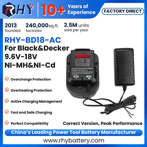 Replacement Black & Decker 9.6V-18V NiCd & NiMH Battery Charger 90556254-01 